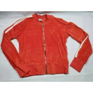 True Religion Women's, Orange Coral Cotton Zip Up Sweat Fleece Jacket